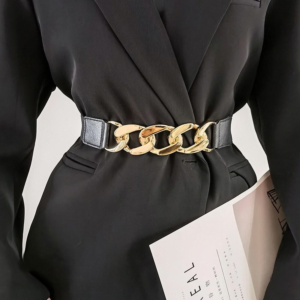 Chunky Black & Gold Metal Elastic Statement Belt - Picture 4 of 4